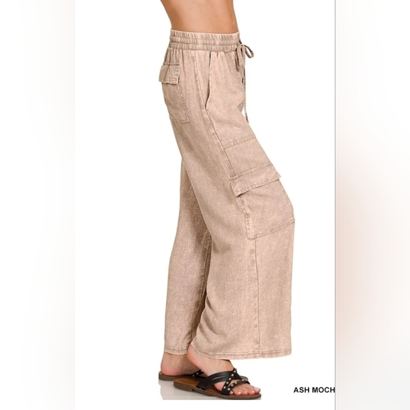 Ash Mocha Wide-Leg Cargo Pants | Linen Blend | L (8-10) - Picture 2 of 3